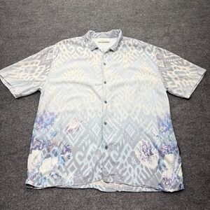 YoungLA 4006 Mens Short Sleeve Viscose Button Down Shirt Blue Floral Ikat Size M